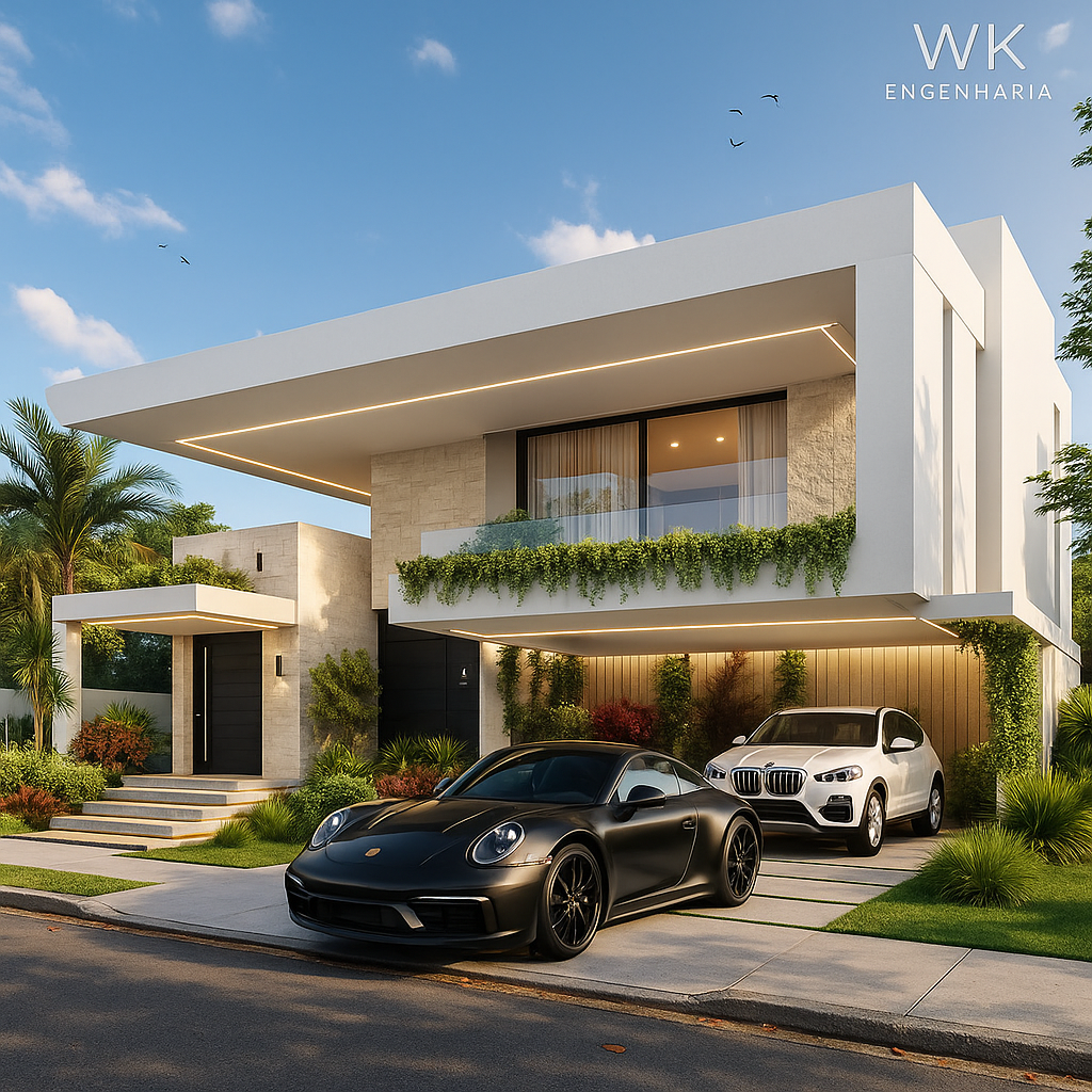 Sobrado contemporâneo branco com grande balanço frontal, jardineiras suspensas e carros de luxo na garagem.