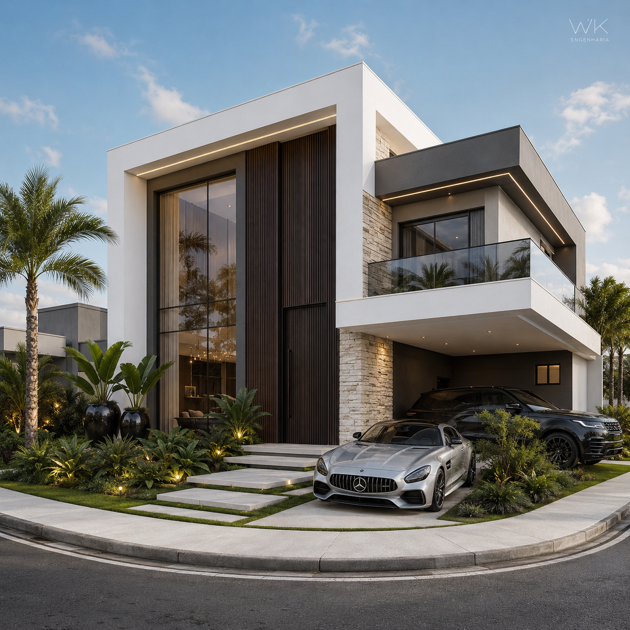 Fachada minimalista com pé-direito duplo, portal branco e automóveis de luxo criada pela ArqZyo AI.
