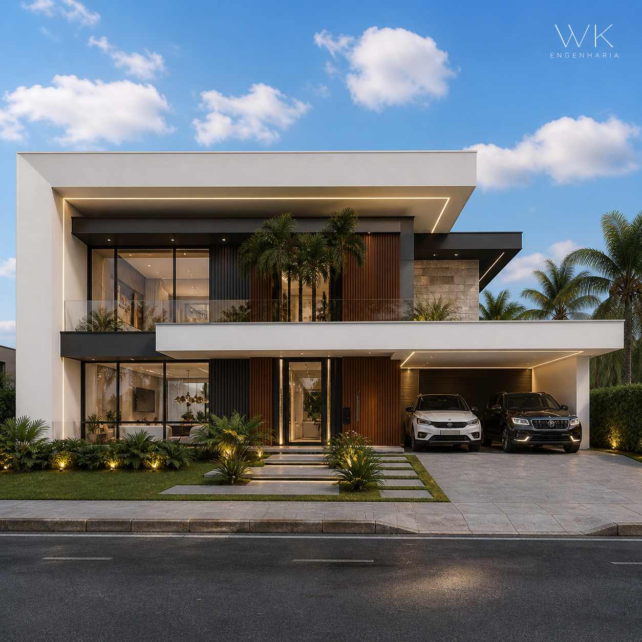 Fachada contemporânea com linhas horizontais marcantes, iluminação embutida e jardim frontal tropical.